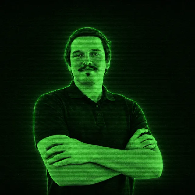 Portrait de Matthieu, traité en vert sur fond sombre